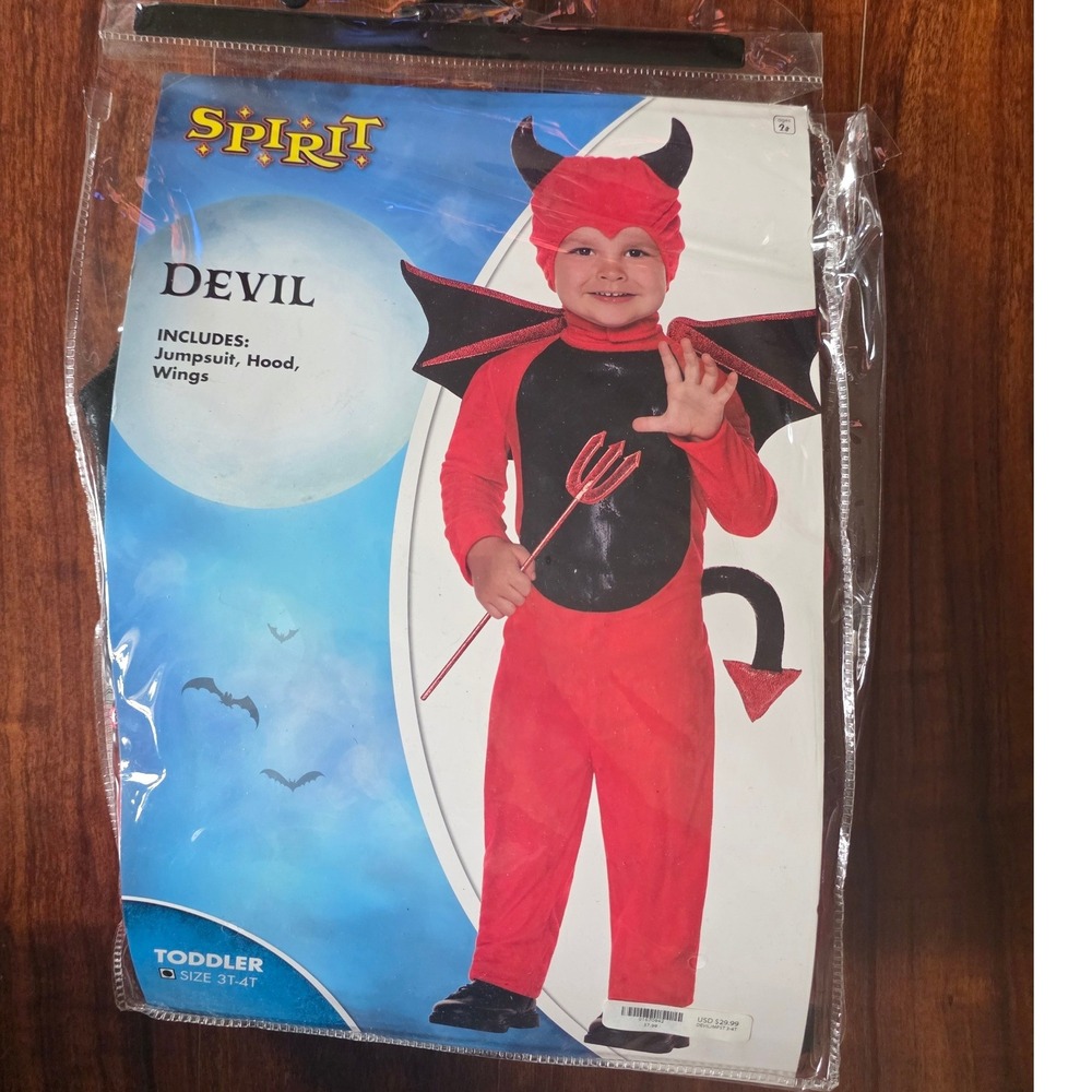 Spirit Halloween Toddler Devil Costume Red Jumpsuit Hood Wings Size 3T-4T